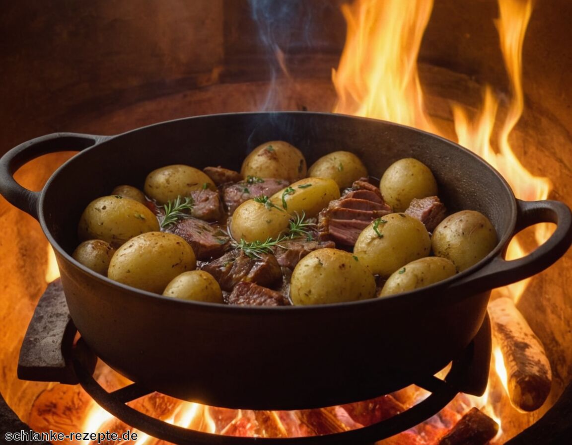 Garen: Decke mit Deckel schließen, Hitze regulieren - Dutch Oven Rezept mit Kartoffeln und Fleisch