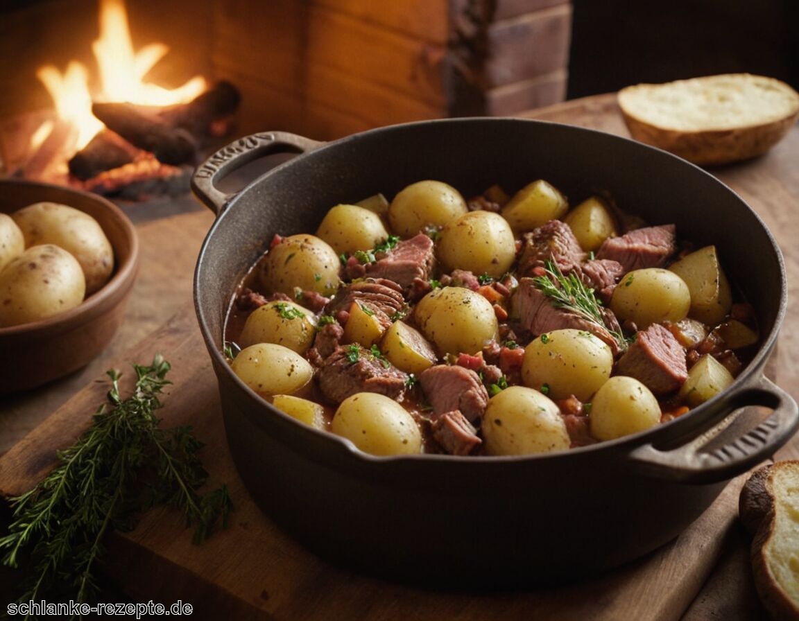 Servieren: Gericht warm plated, nach Belieben garnieren - Dutch Oven Rezept mit Kartoffeln und Fleisch