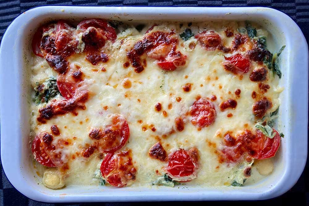 Gnocchi Auflauf mit Tomaten und Spinat